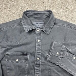 Poncho Outdoors Shirt Mens Small Gray Khaki Hidalgo Denim LS Pearl Snap Western